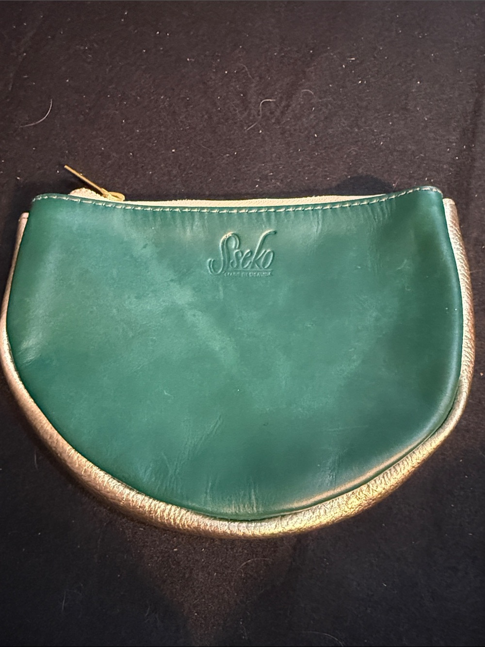 Sseko Emerald Green Leather Half-Moon Wristlet with Gold Trim